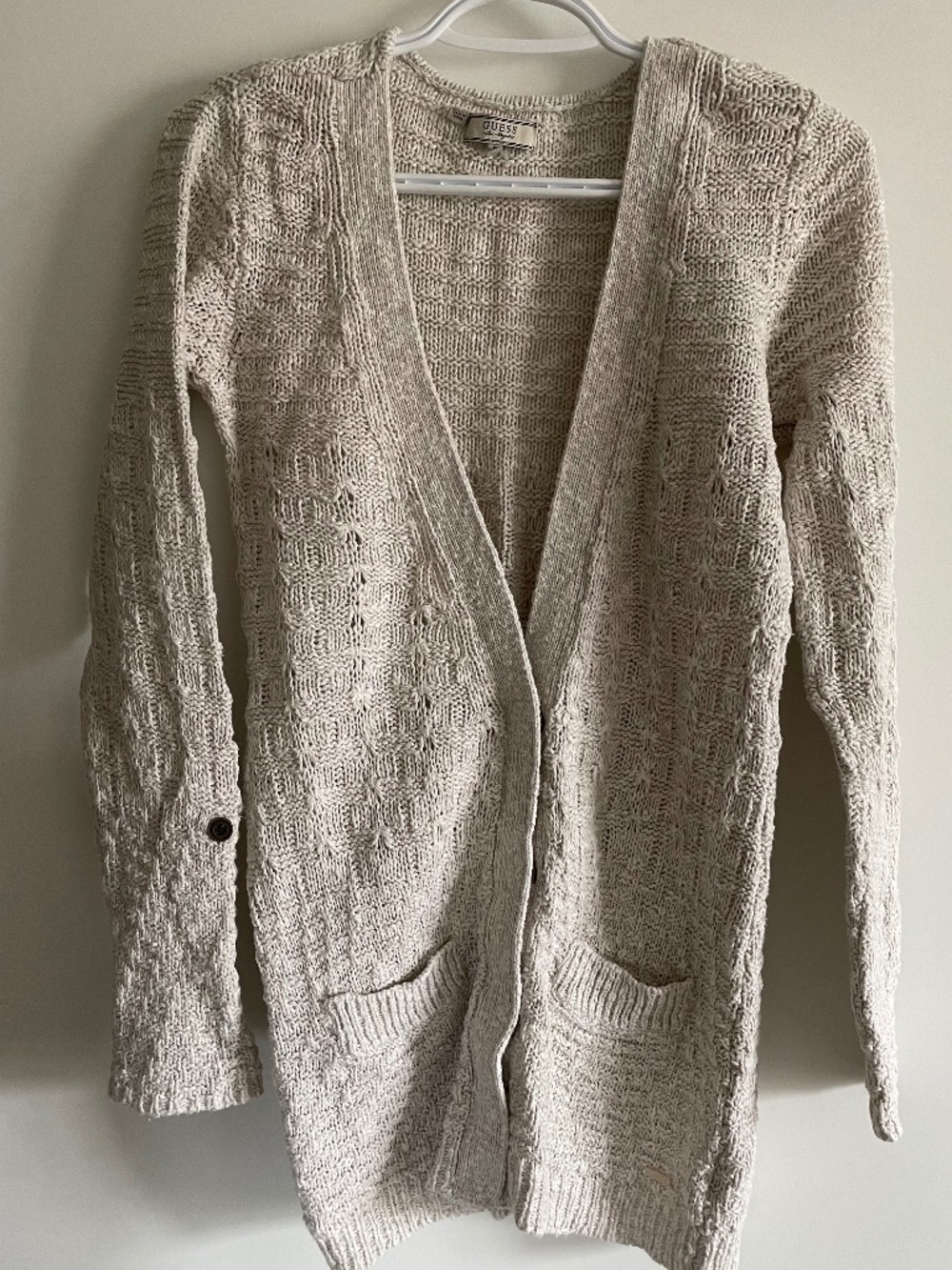 Guess Long Cream V-Neck Textured Button Down Cardigan Adjustable Sleeves Medium